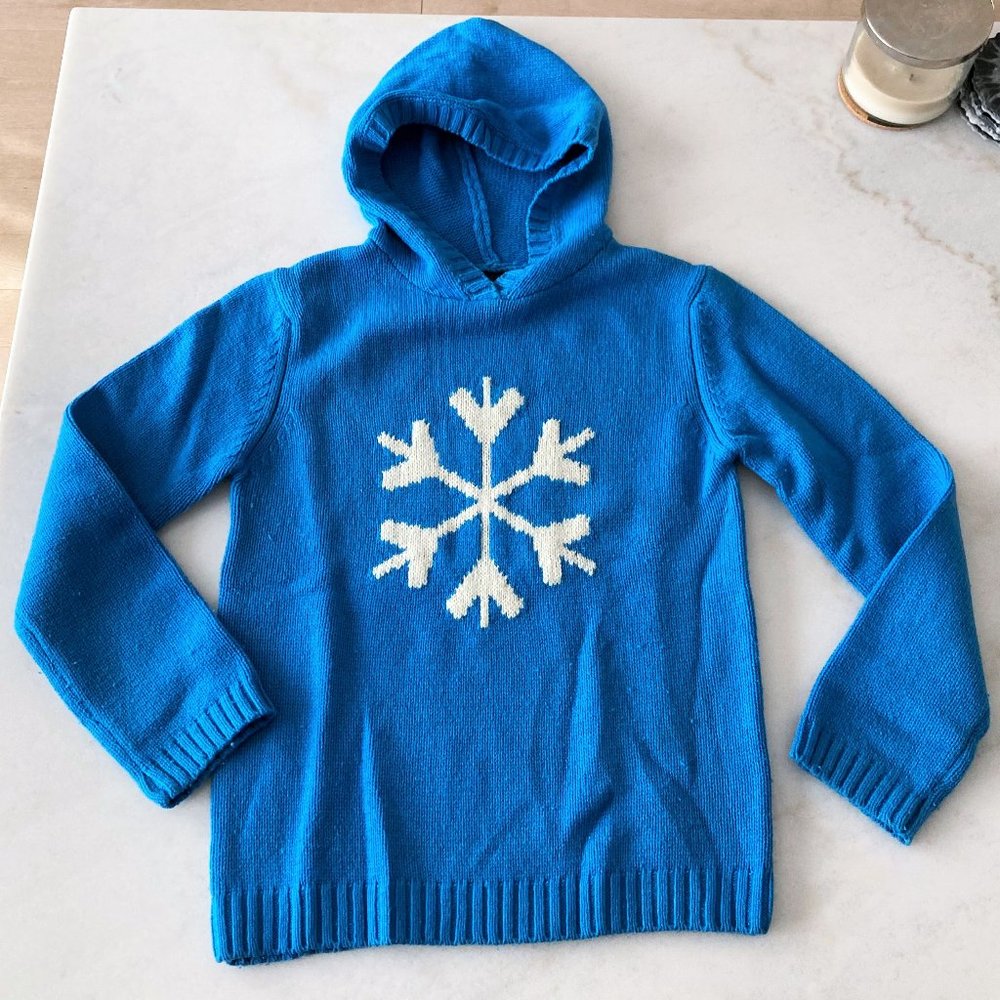 Gap blue knit sweater with white / cream snowflake design & hood, size L / 10